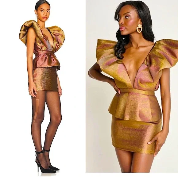 RONNY KOBO Calin Metallic Puffed Shoulders Iridescent Lame Tiered Mini Dress NWT - Picture 4 of 16
